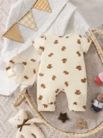 Newborn Baby Boy Bear Print Jumpsuit & Bib - Image 2